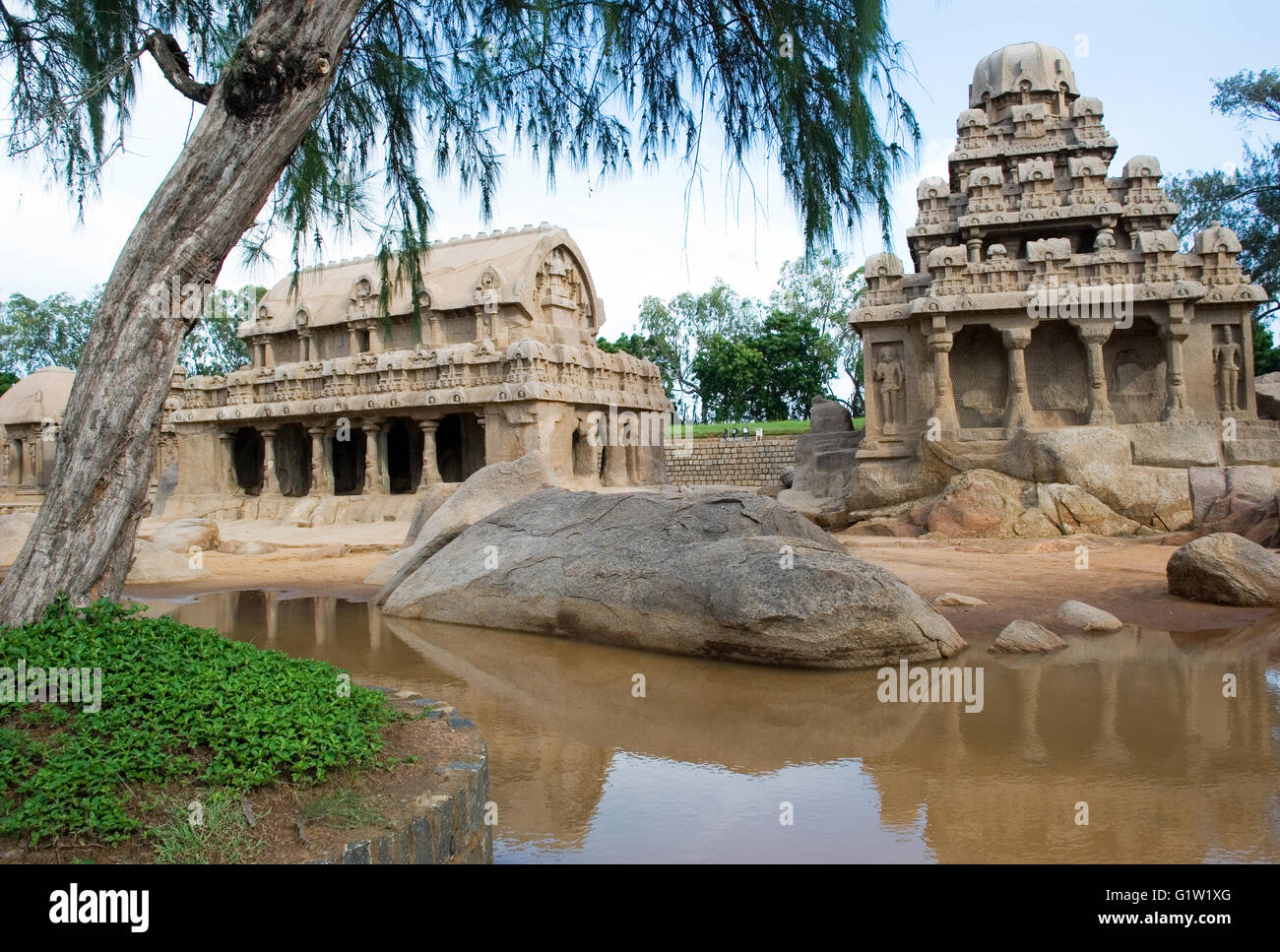 Cinq Rathas, près de Shore Temple, Mahabalipuram, près de Chennai, Tamil Nadu, Inde Banque D'Images
