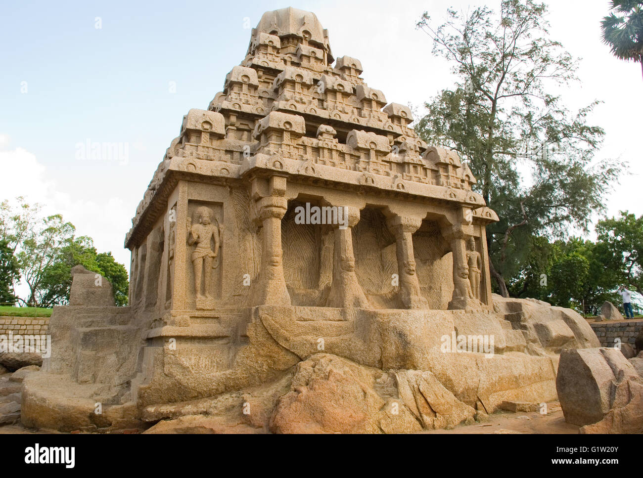 Cinq Rathas, près de Shore Temple, Mahabalipuram, près de Chennai, Tamil Nadu, Inde Banque D'Images