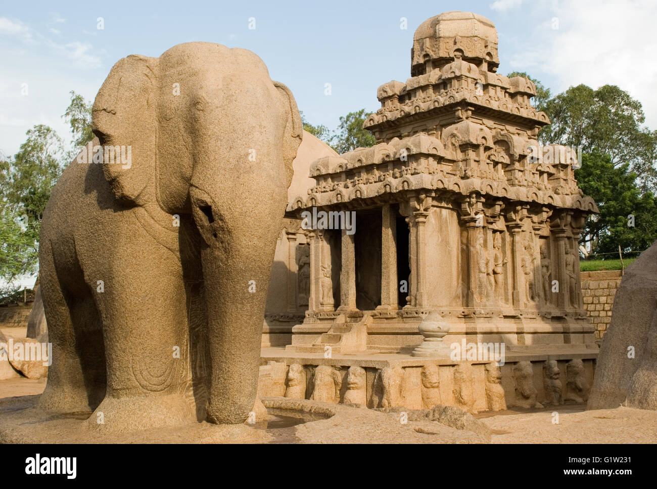 Cinq Rathas, près de Shore Temple, Mahabalipuram, près de Chennai, Tamil Nadu, Inde Banque D'Images