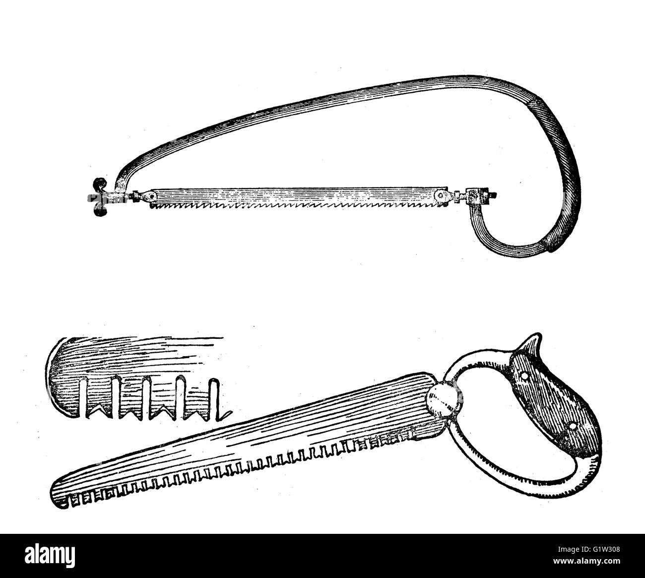 Vintage illustration, outils de jardinage, d'une scie de bois Banque D'Images