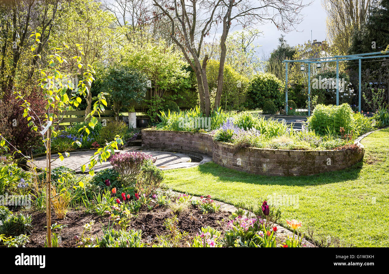 Spring garden anglais montrant la croissance précoce et la conception structurale d'un petit jardin vu de route Banque D'Images