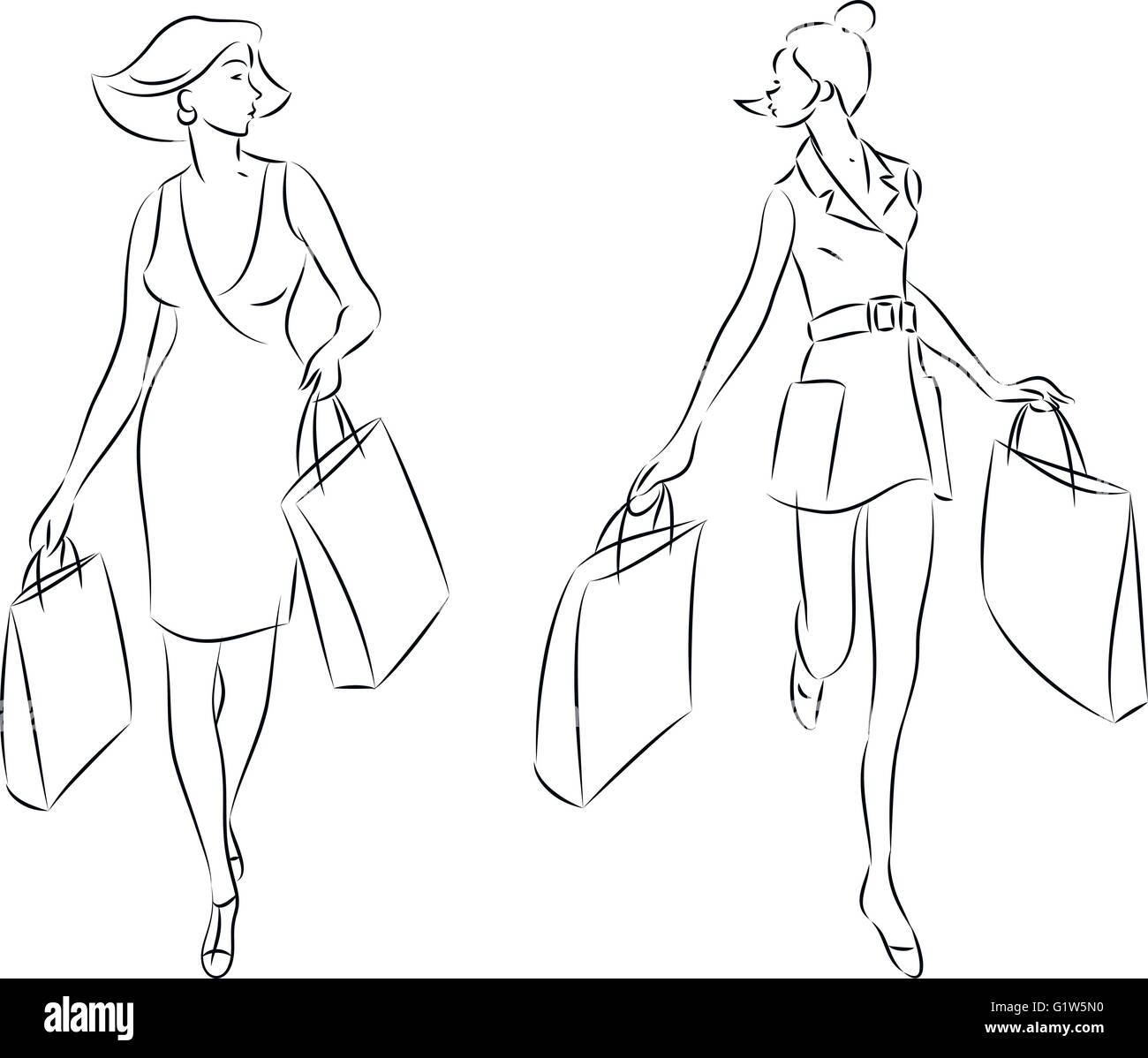 Vector illustration of women with shopping bags en mode linéaire Illustration de Vecteur