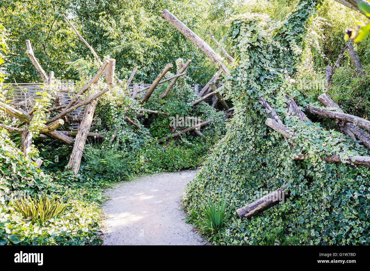 Chemin dans un jardin exceptionnel basé sur d'anciens matériels revêtus de lierre naturel Banque D'Images