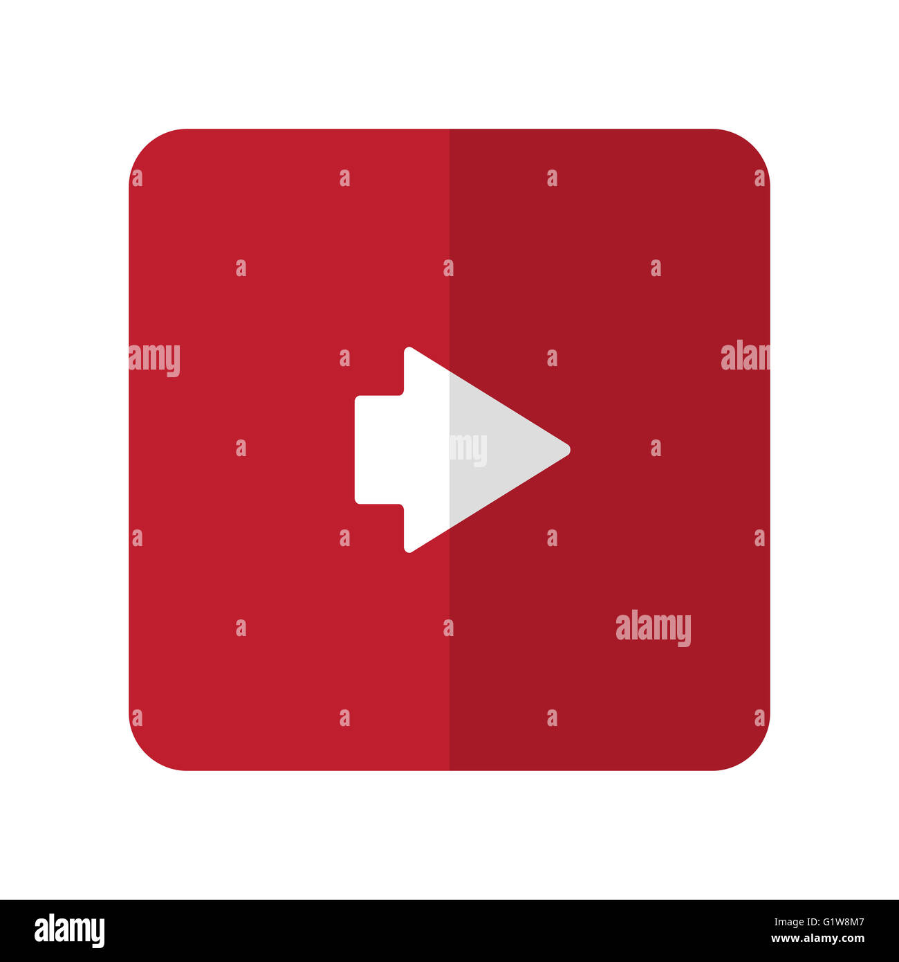Flèche blanche à droite sur l'icône plat carré arrondi rouge sur blanc Banque D'Images