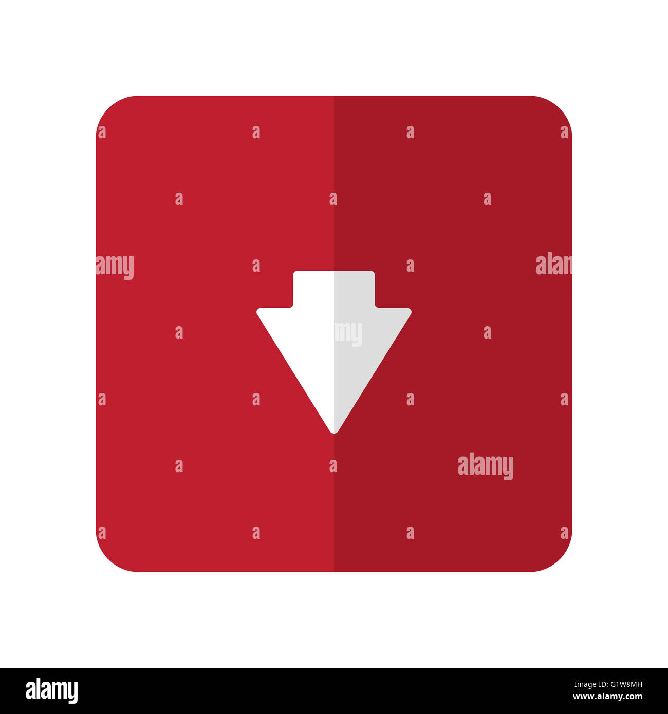 Flèche blanche vers le bas à plat sur l'icône carré arrondi rouge sur blanc Banque D'Images