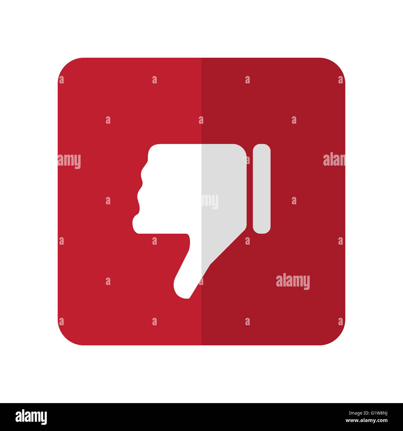 Le pouce vers le bas à plat blanc sur l'icône carré arrondi rouge sur blanc Banque D'Images