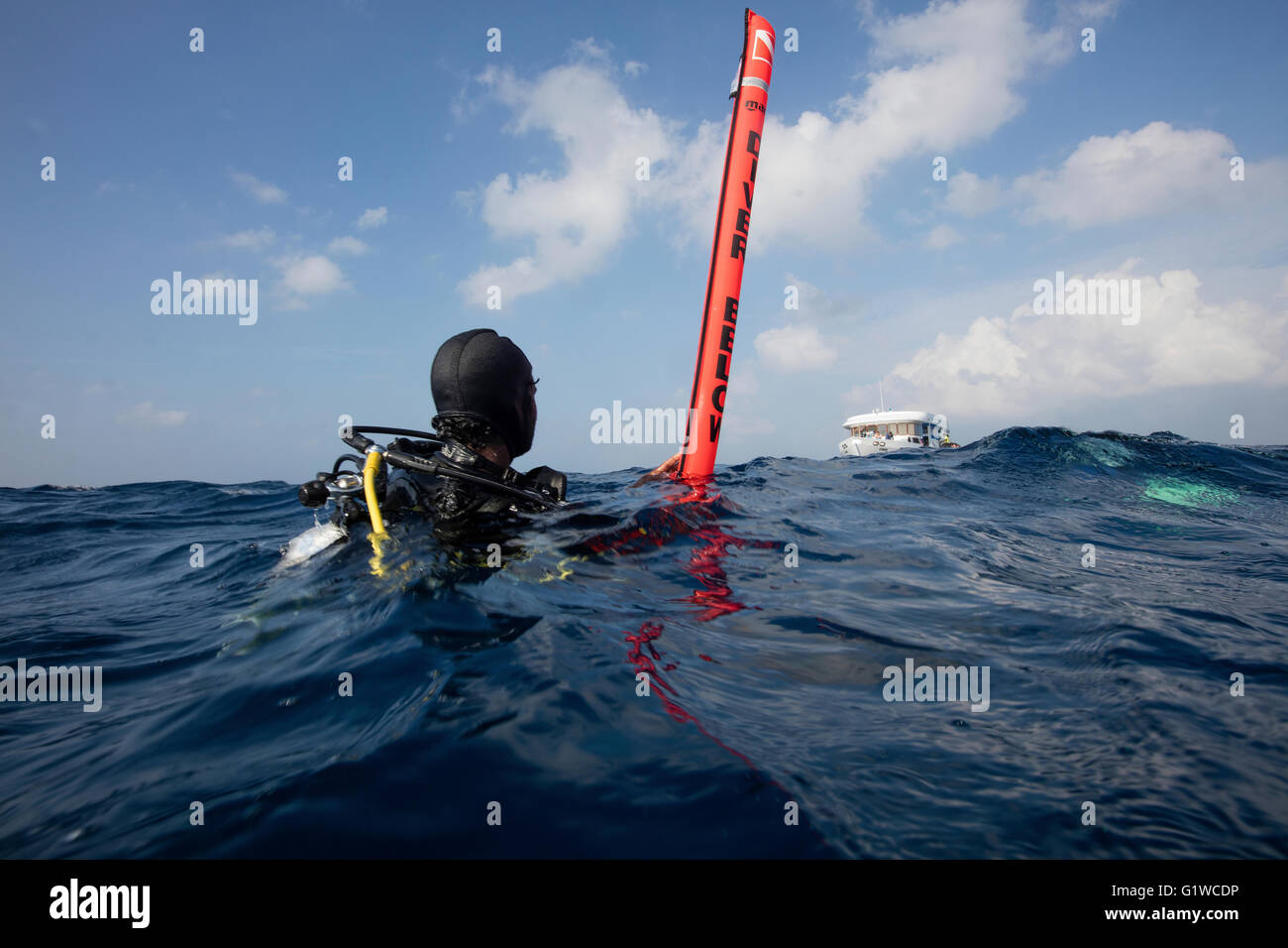 Bouée de surface qui se gonfle à la surface de l'emplacement du plongeur à la surface de l'océan plus visibles. Banque D'Images