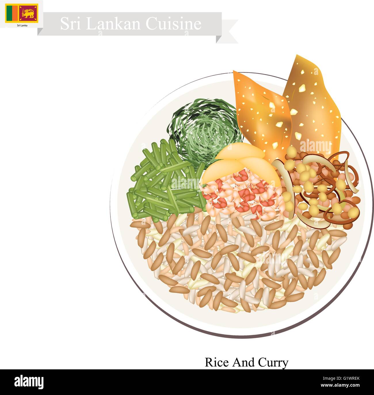 Une cuisine traditionnelle du Sri Lanka, le riz et le curry avec du riz, de la viande et divers légumes cuit avec des épices. L'un des plus P Illustration de Vecteur