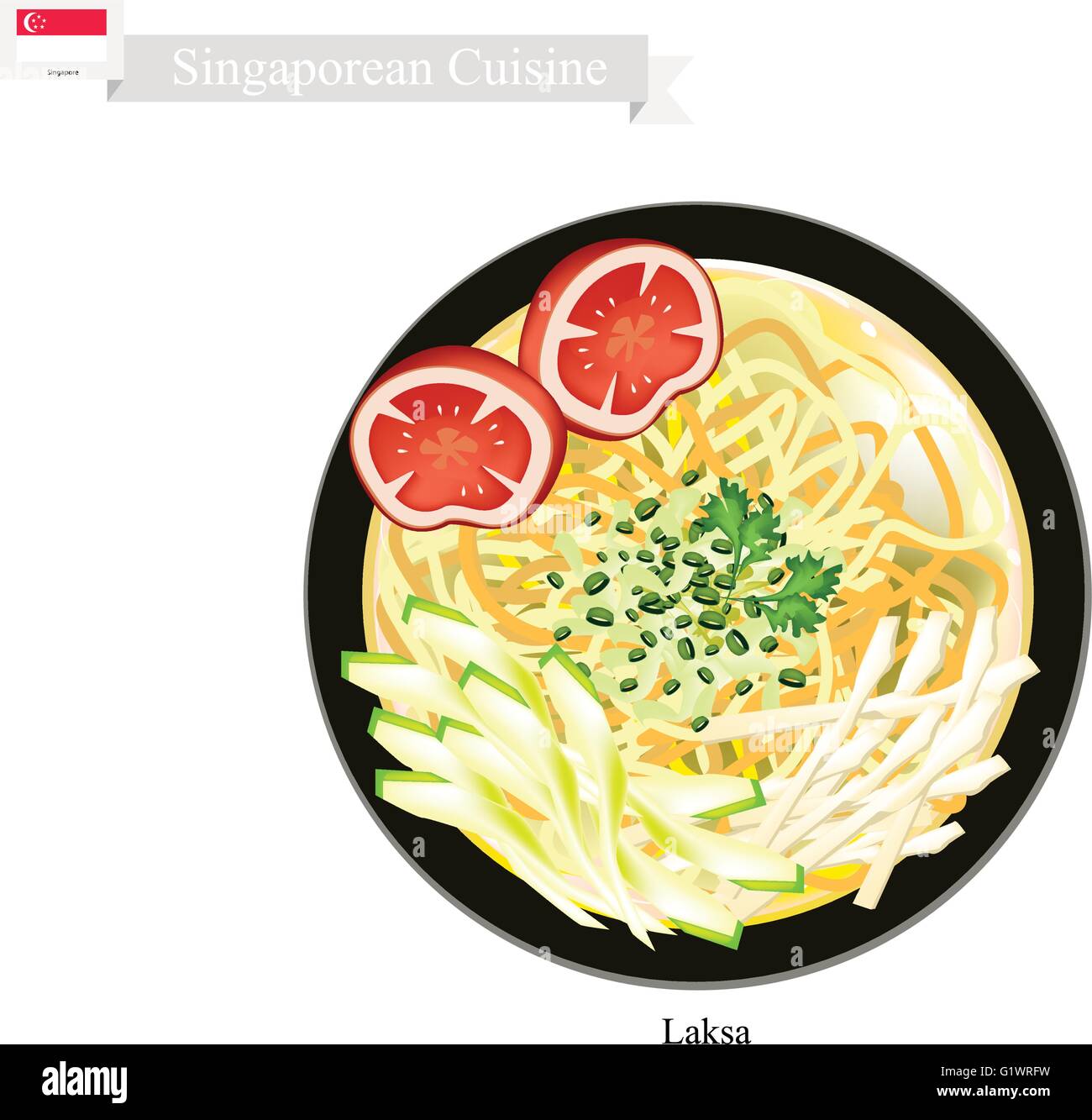 La cuisine singapourienne, ou Laksa nouilles de riz traditionnel servi en soupe épicée. L'un des plats les plus populaires de Singapour. Illustration de Vecteur