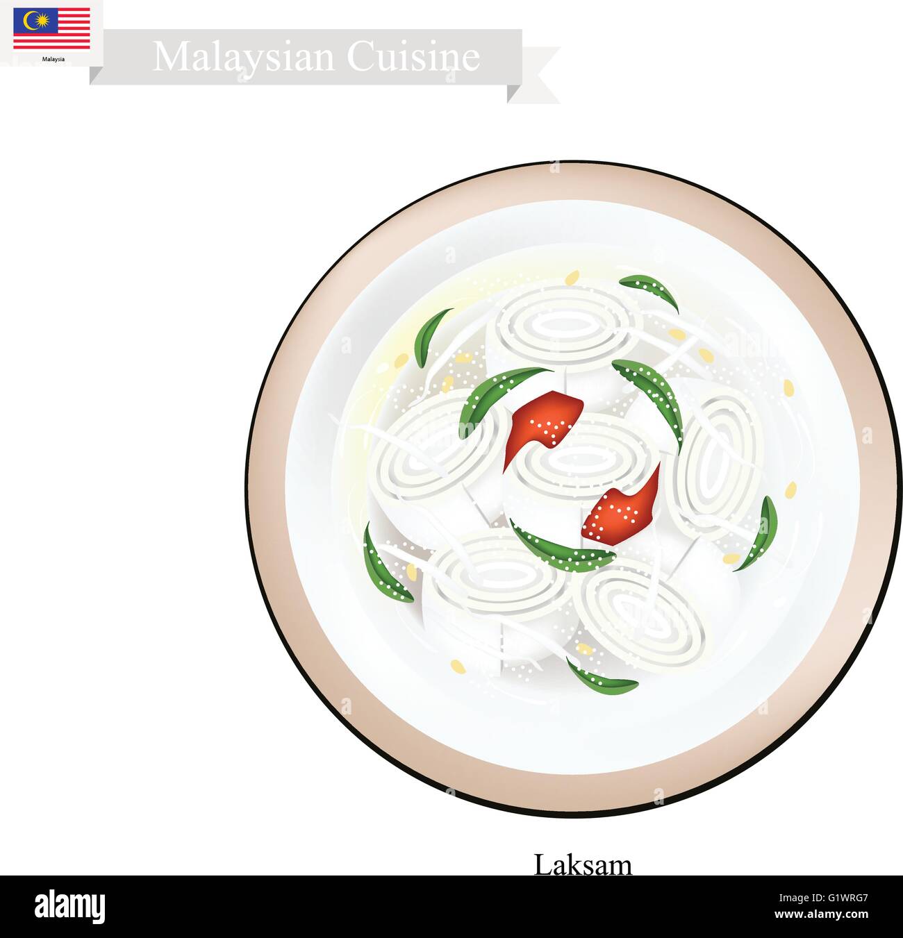 La cuisine malaisienne, ou Laksa nouilles de riz larges traditionnel servi dans une sauce de noix de coco crémeuse et pilonnèrent les poissons. L'un des plus Popula Illustration de Vecteur
