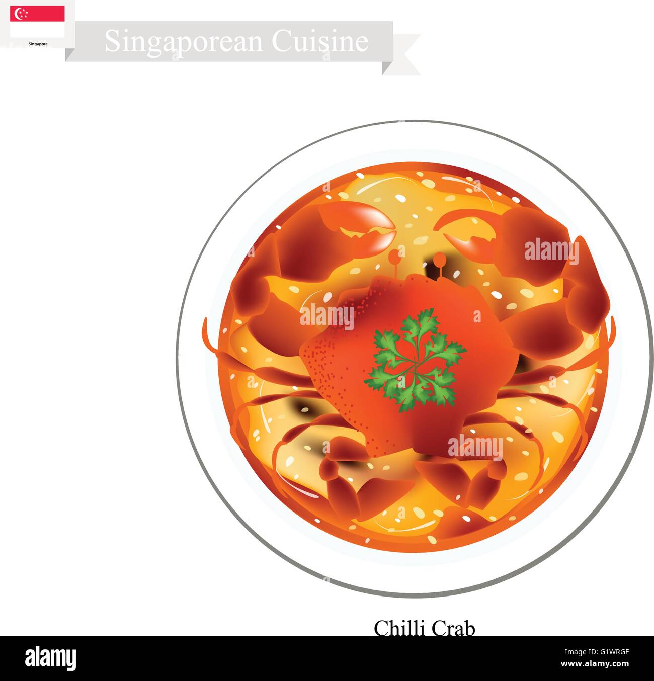 La cuisine singapourienne, Crabe Piment traditionnelles faites de terre sautées Crabe sucré et salé à la tomate et la Sauce Chili. L'un des th Illustration de Vecteur