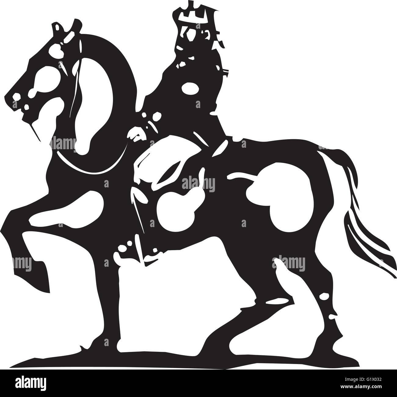 Style gravure sur bois d'un roi de l'image expressionniste monté à cheval. Illustration de Vecteur
