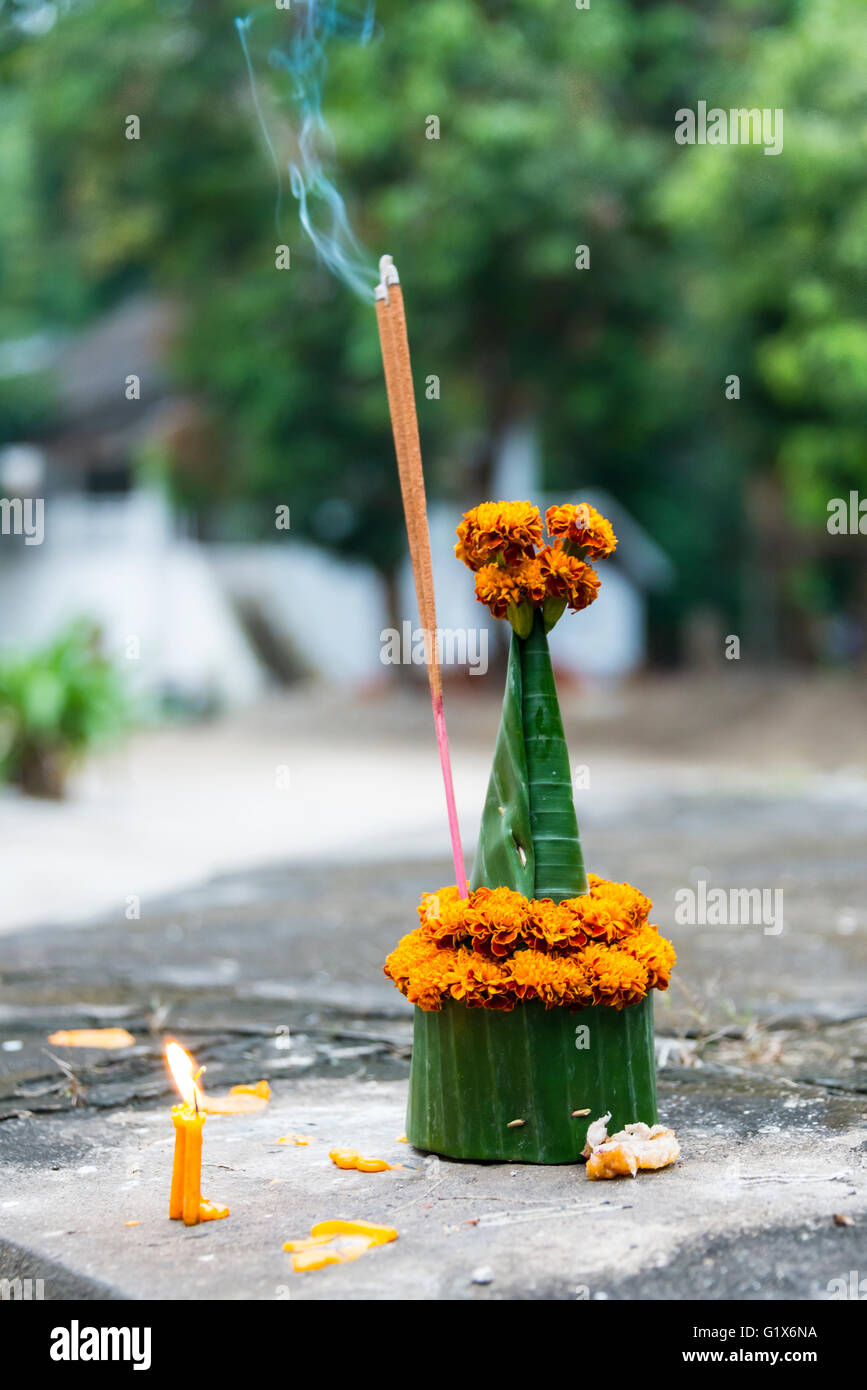 L'offre de fleurs, arrangement de fleurs avec de l'encens, Wat Wisunalat, Province de Luang Prabang Province, Laos, Louangphabang Banque D'Images