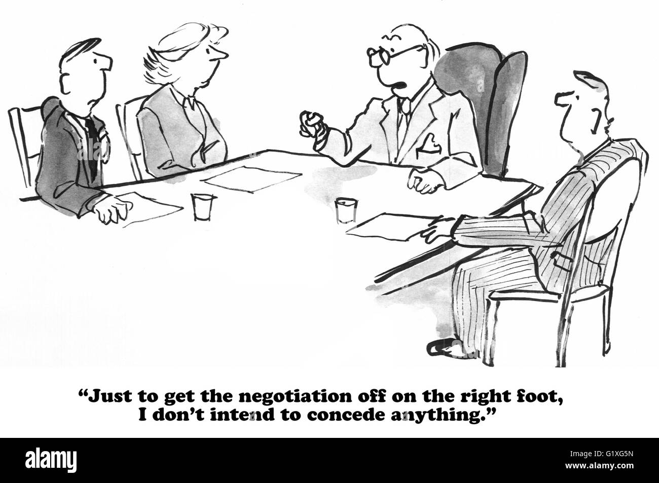 Caricature commerciale ou juridique au sujet d'un négociateur très difficile. Banque D'Images