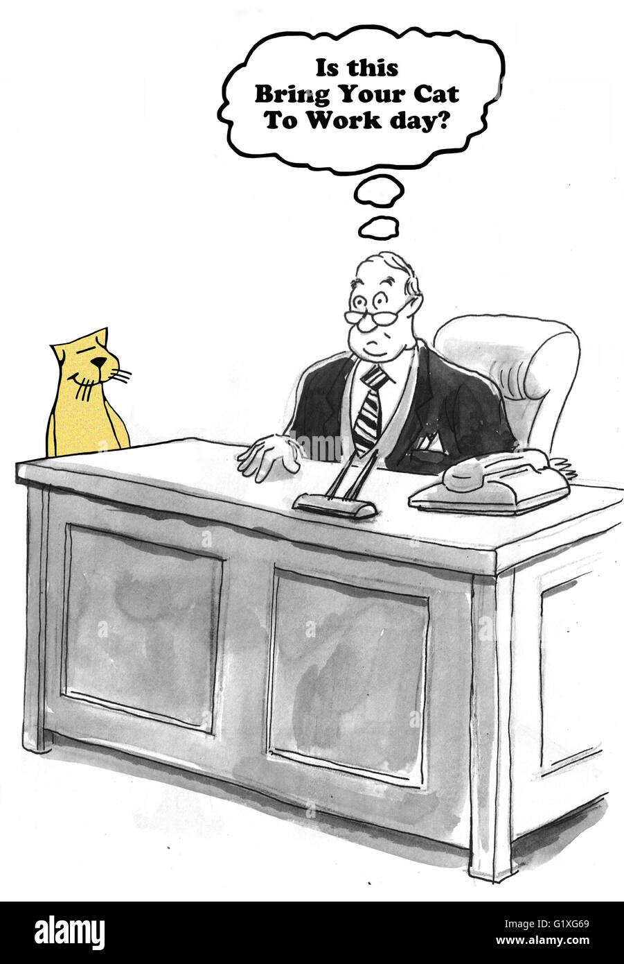 Caricature d'affaires à propos de mettre votre chat à journée de travail. Banque D'Images