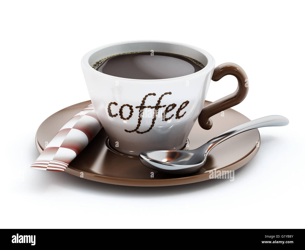 Tasse de café avec du café en grains de café texte isolé sur fond blanc. 3D illustration Banque D'Images