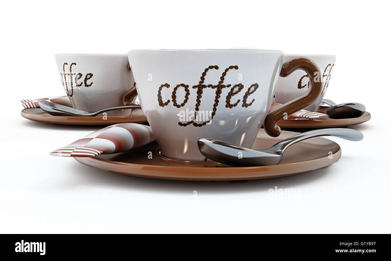 Tasse de café avec du café en grains de café texte isolé sur fond blanc. 3D illustration Banque D'Images