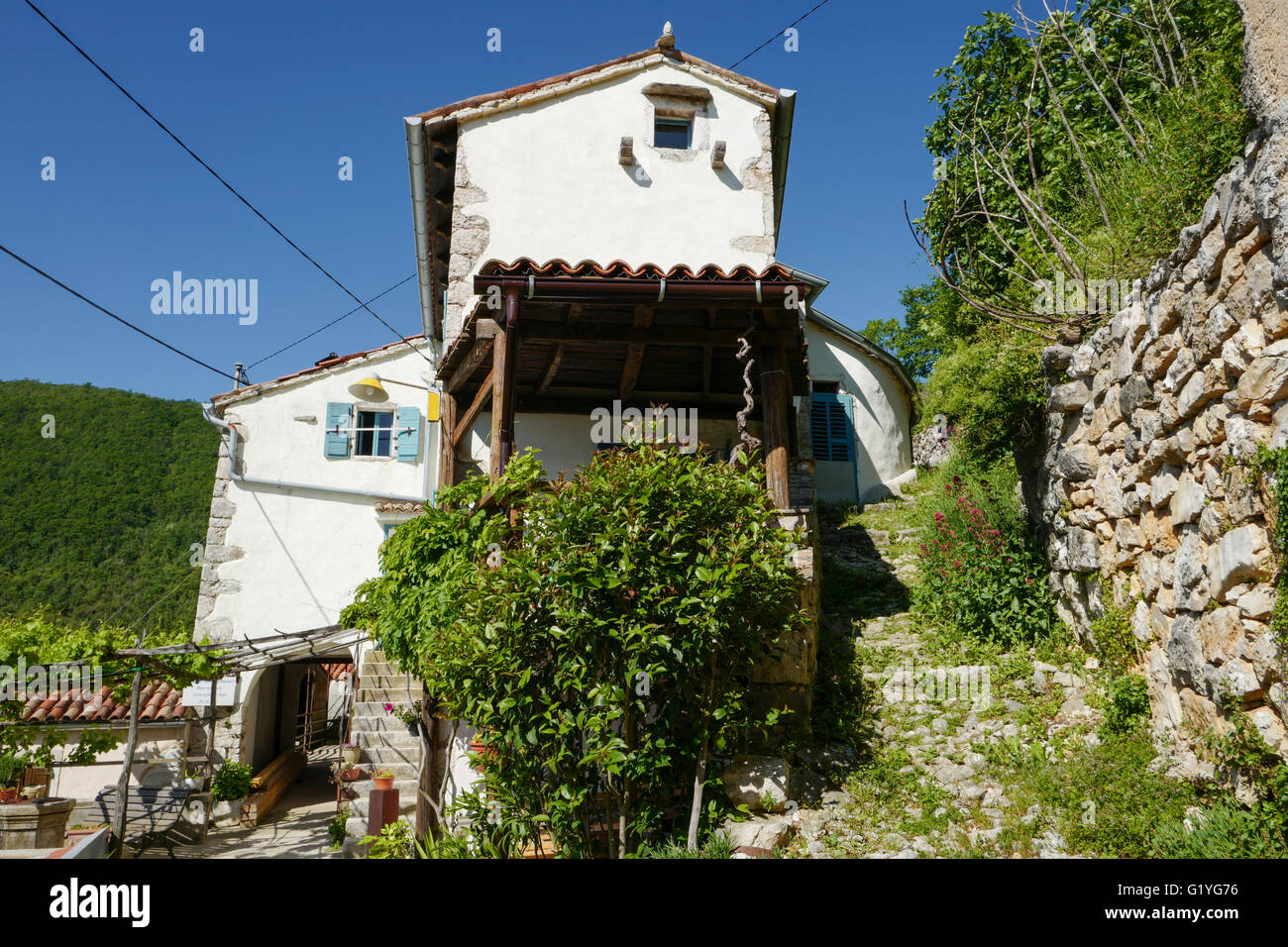 Vieille ruelle pavée dans le joli village perché de Sucici, Istrie, Croatie Banque D'Images