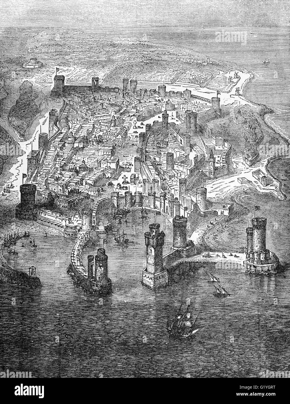 16e siècle vue aérienne de la ville et le port de Rhodes, la plus grande des îles du Dodécanèse au large de la Grèce Banque D'Images