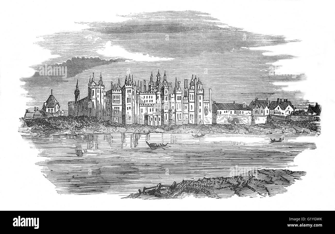 L'ancienne résidence royale, le palais de Richmond sur la Tamise en Angleterre érigée sur 1501 par Henry VII d'Angleterre qui se tenait jusqu'à démolie vers 1650. Banque D'Images