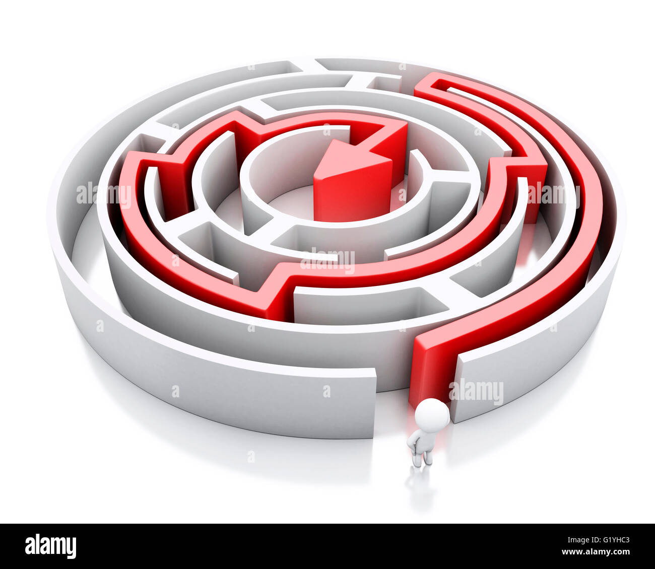 Moteur de rendu 3d image. Blancs et un labyrinthe avec flèche rouge marquant l'itinéraire. Succès défi. Isolé sur fond blanc. Banque D'Images Moteur de rendu 3d image. Blancs et un labyrinthe avec flèche rouge marquant l'itinéraire. Succès défi. Isolé sur fond blanc. Banque D'Images
