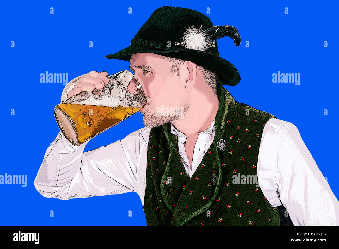 Illustration de l'homme en habits traditionnels bavarois, boire de la bière Banque D'Images