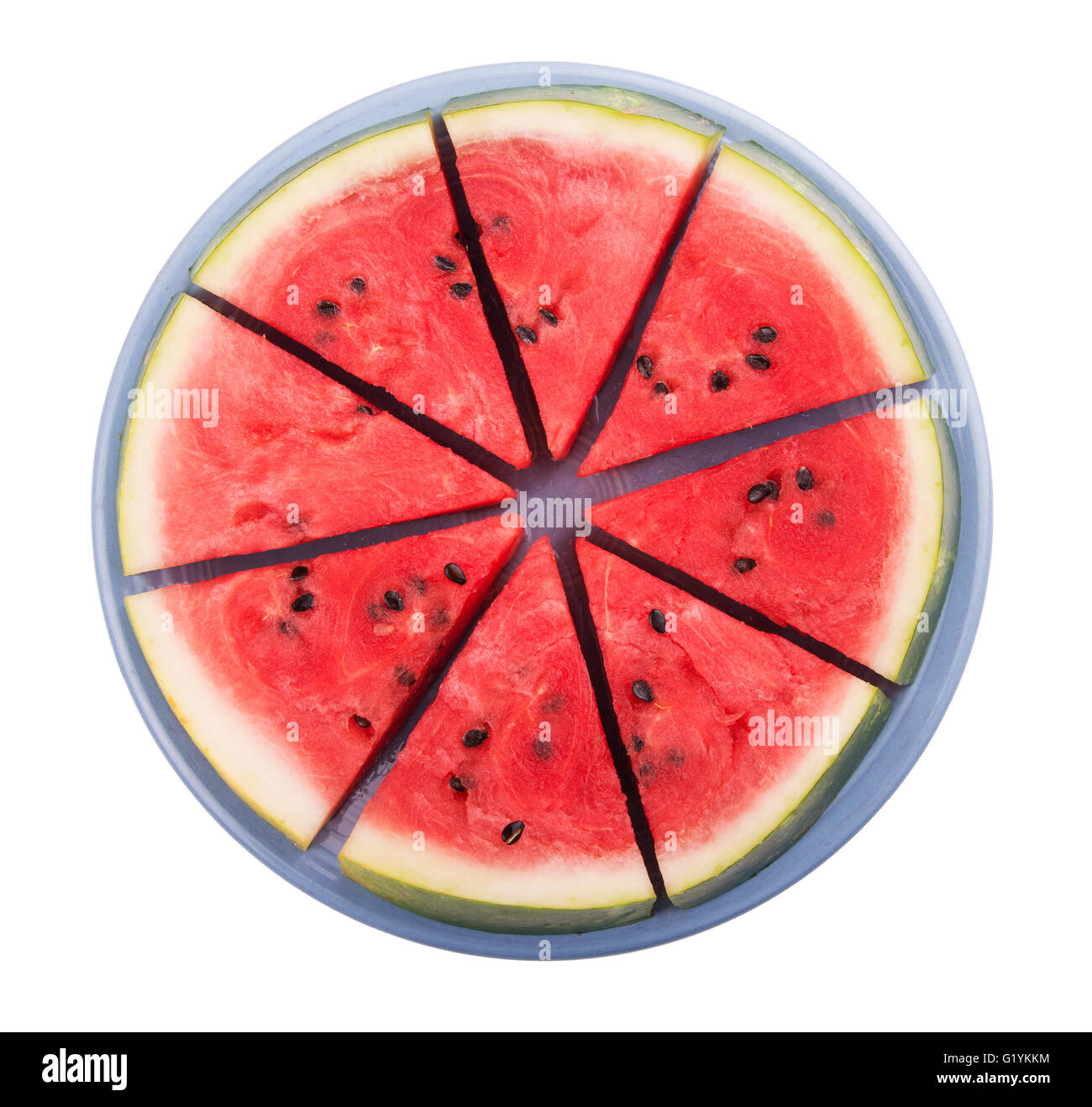 Tranches de pastèque, sur une plaque bleue, isolated on white Banque D'Images