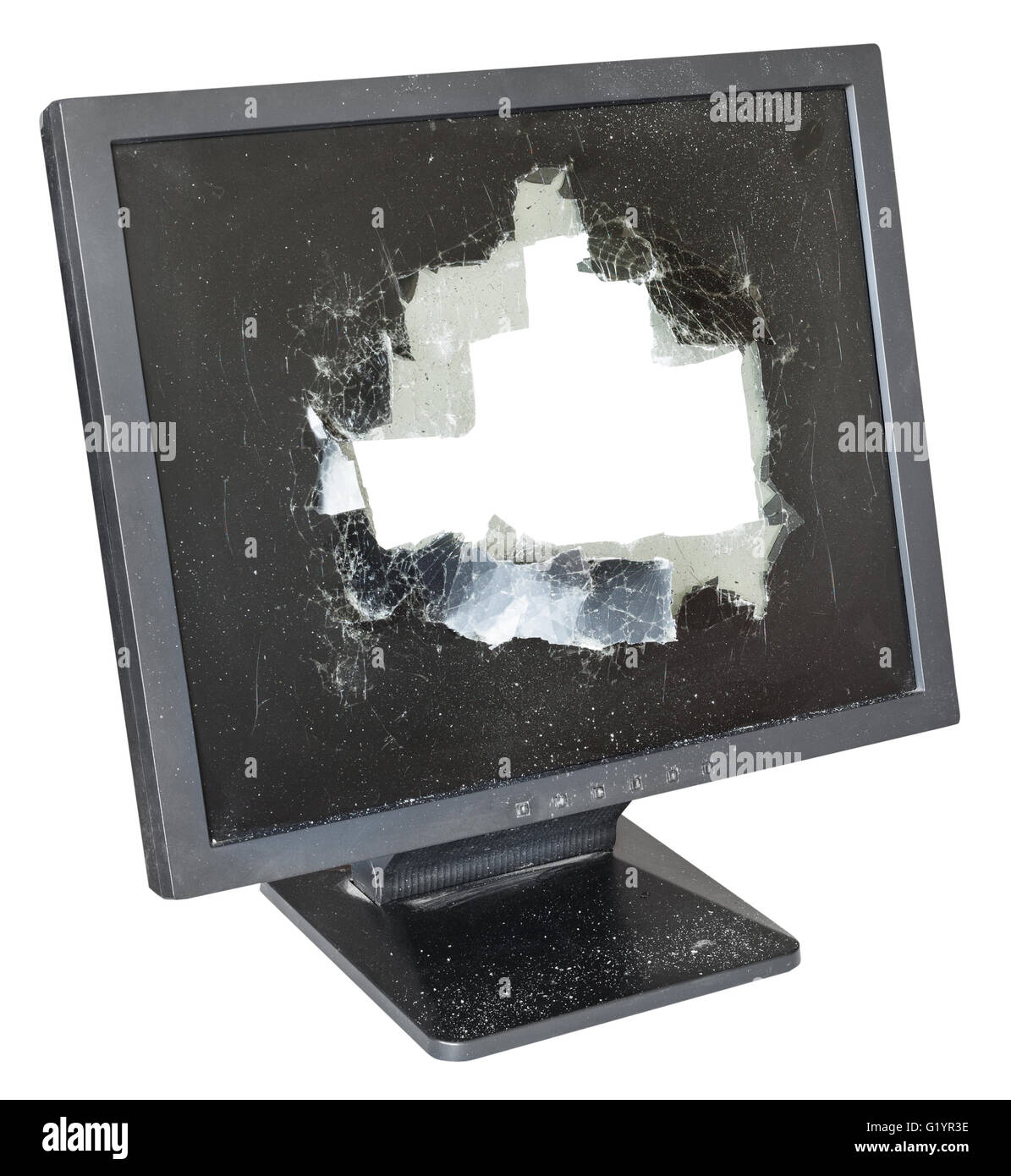 Broken moniteur avec cut out endommagé écran de verre isolé sur fond blanc Banque D'Images