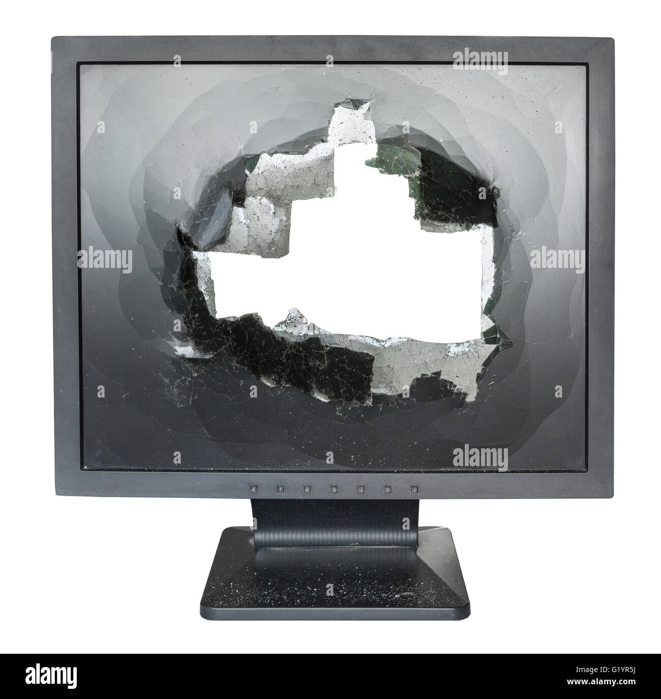 Vue directe sur moniteur rompu avec cut out écran endommagé isolé sur fond blanc Banque D'Images