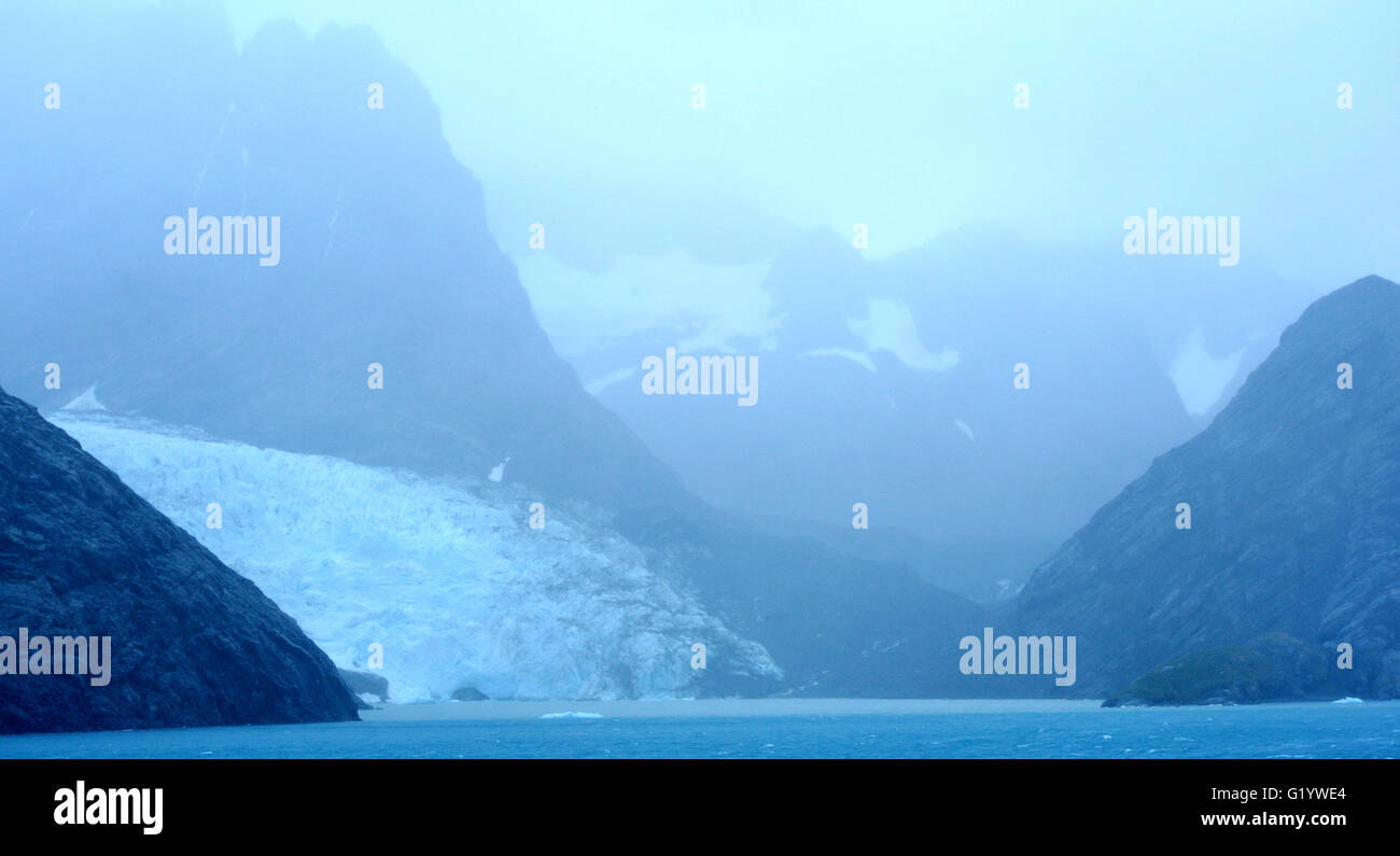 Le brouillard enveloppe les glaciers s'écoulant de l'interios de Géorgie du Sud dans le Fjord Drygalski. Fjord Drygalski, la Géorgie du Sud. Banque D'Images