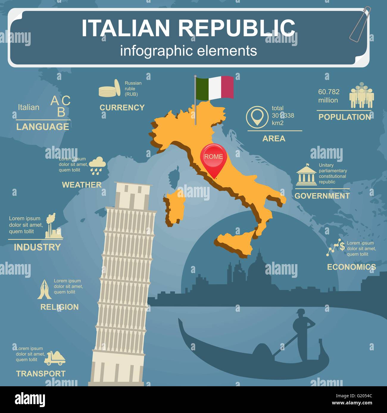 République italienne des infographies, des données statistiques, des sites touristiques. Vector illustration Illustration de Vecteur