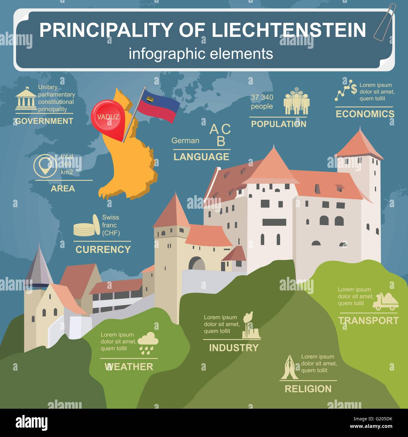 Le Liechtenstein des infographies, des données statistiques, des sites touristiques. Vector illustration Illustration de Vecteur