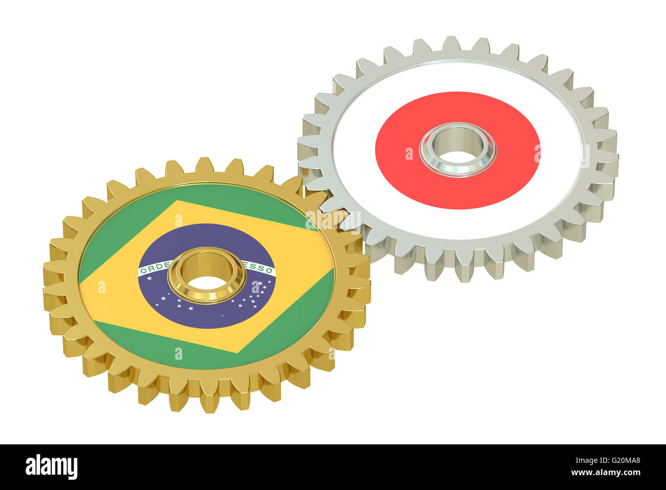 Le Brésil et le Japon les drapeaux sur les pignons d'un rendu 3D, isolé sur fond blanc Banque D'Images