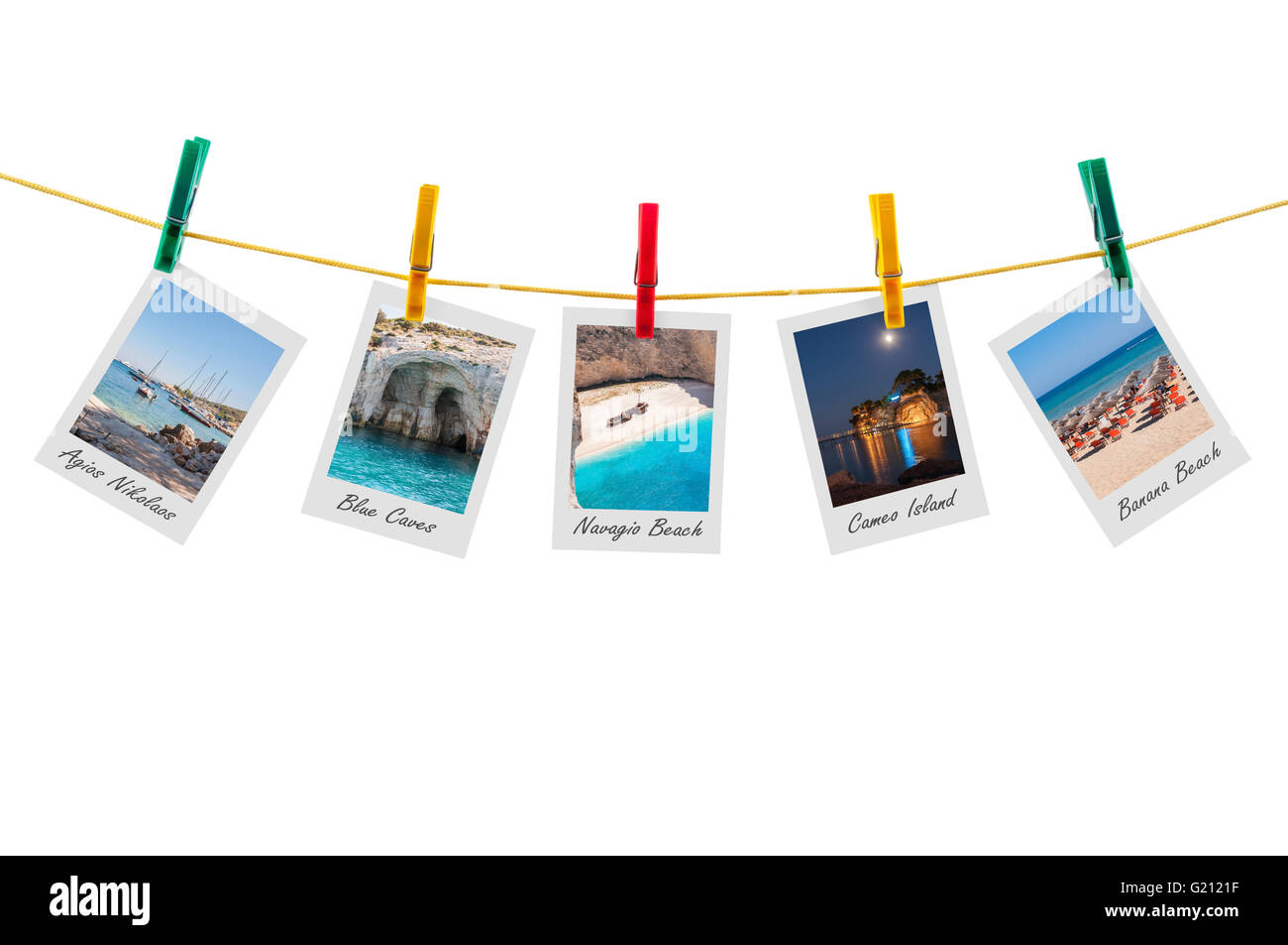 Cinq photos de Zakynthos sur corde isolé sur fond blanc avec clipping path Banque D'Images