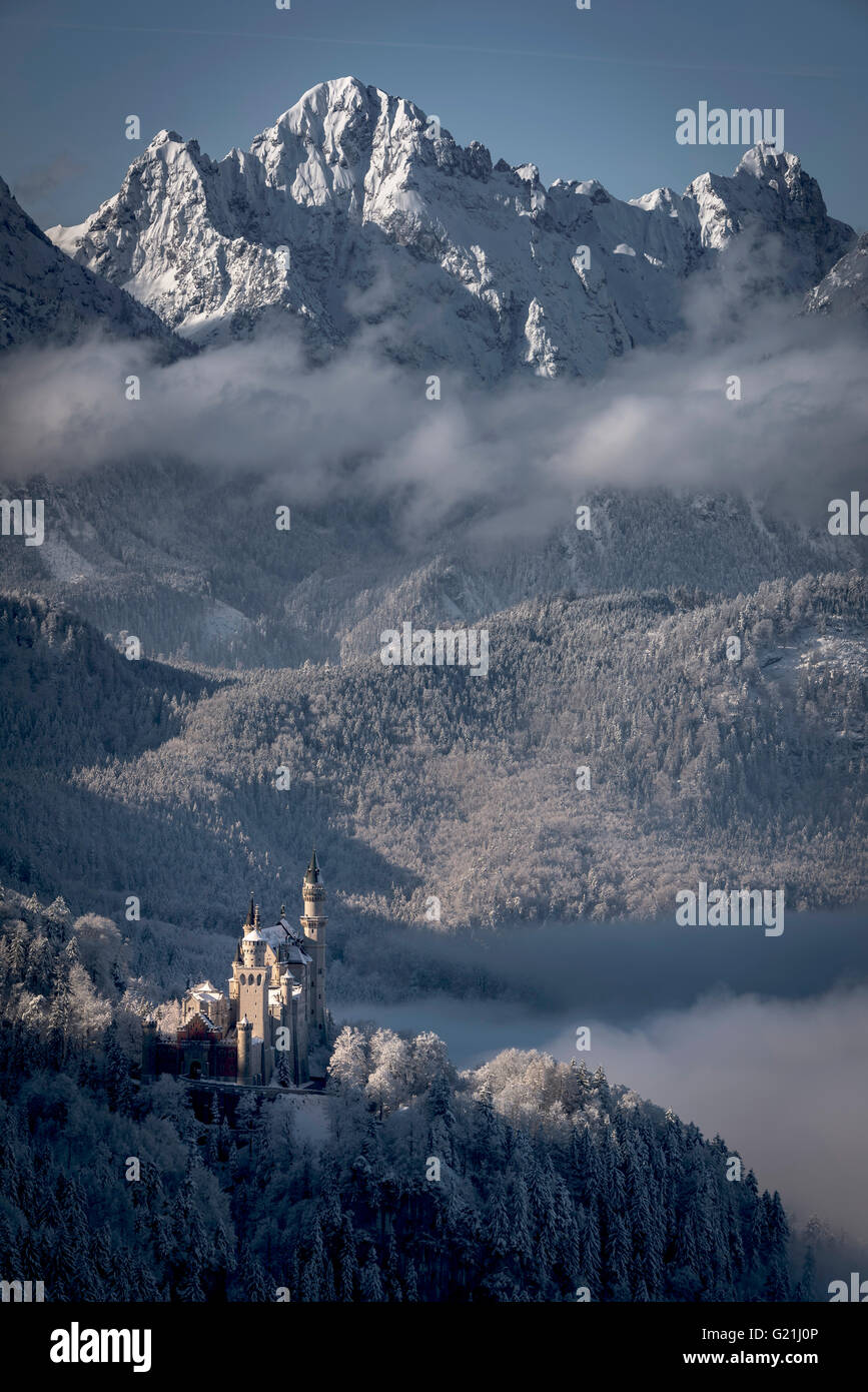 Le château de Neuschwanstein avec montagnes enneigées, Alpes d'Allgäu, Fussen, Allgäu, Bavière, Allemagne Banque D'Images