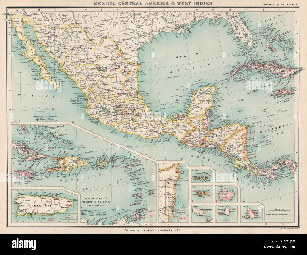 Le Mexique, Antilles, AMÉRIQUE CENTRALE CARAÏBES. Missions protestantes, 1911 map Banque D'Images