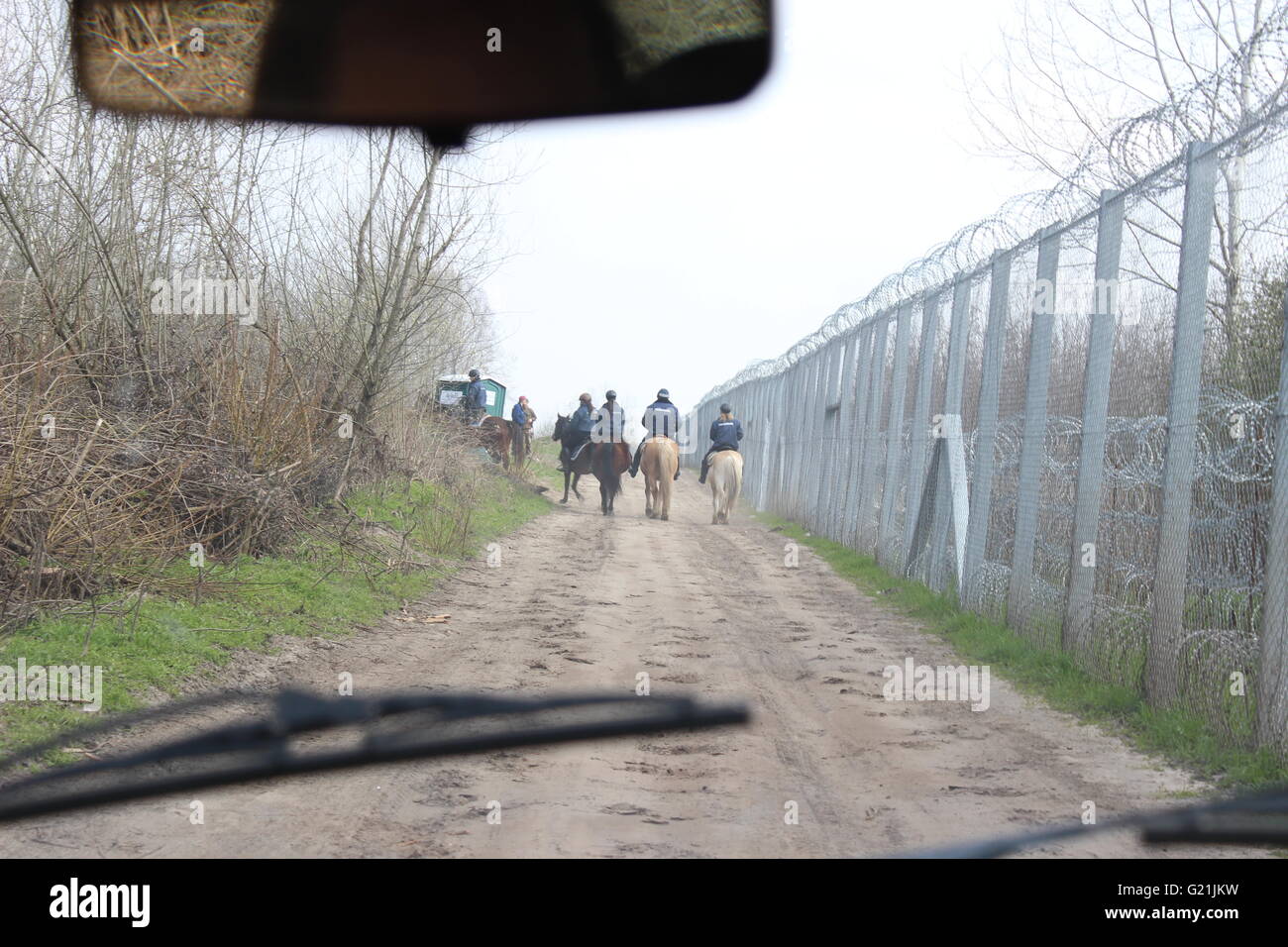 Policier à cheval qui gardaient la frontière clôturé de la Hongrie et la Serbie, près de Asotthalom. Photo : Bardi Balint Banque D'Images