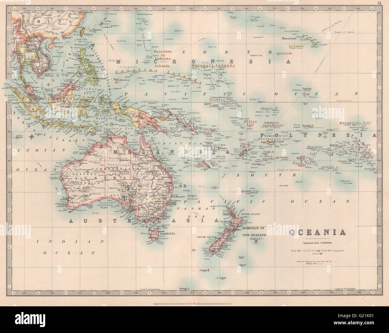 Océanie Australie Nouvelle-Zélande East Indies Polynésie Micronésie JOHNSTON 1912 map Banque D'Images