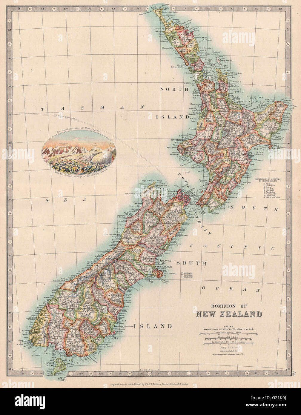 DOMINION DE LA Nouvelle-zélande dans les comtés. Glacier Godley vignette. JOHNSTON, 1912 map Banque D'Images