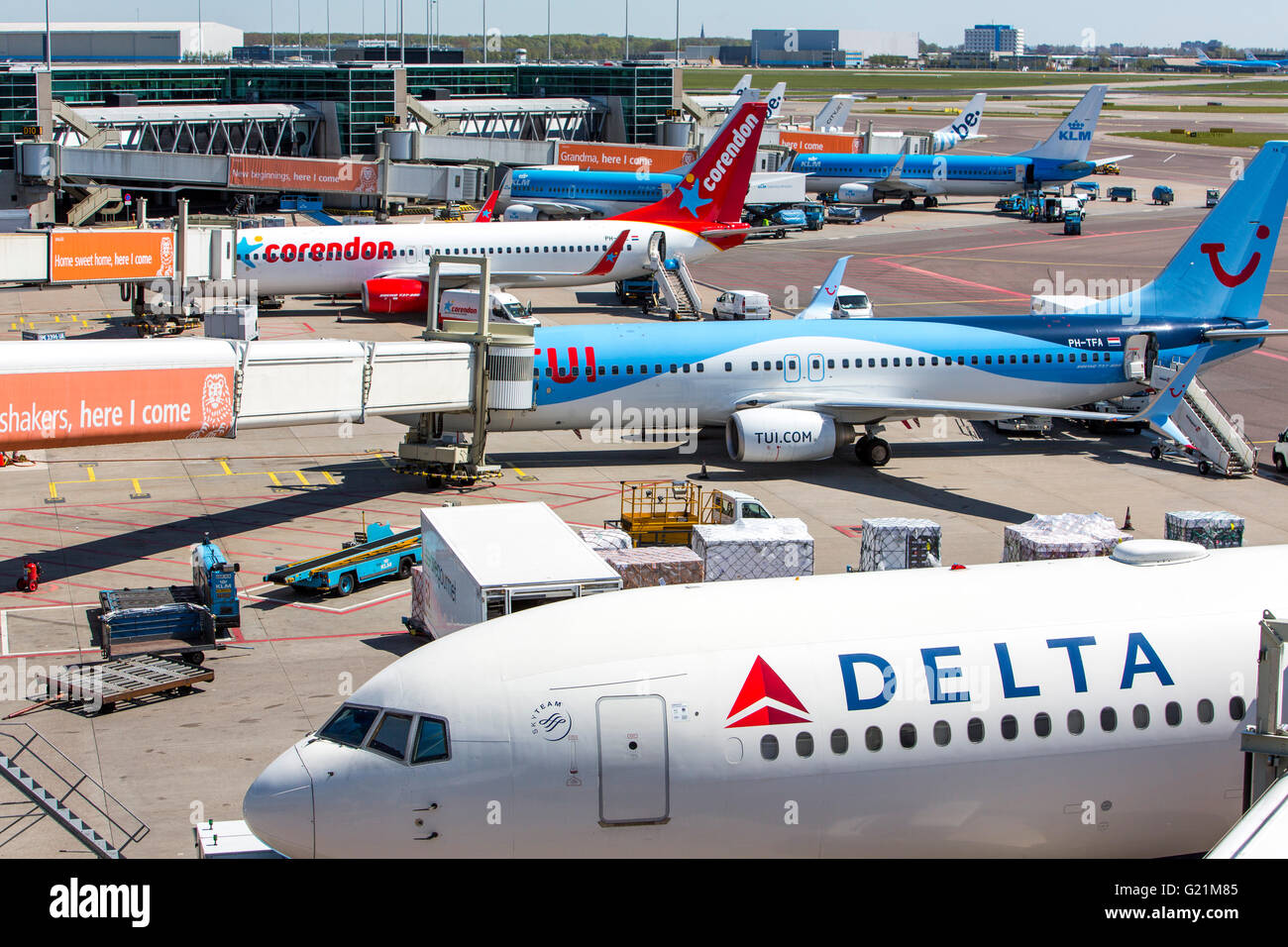 L'aéroport international d'Amsterdam Schiphol, avions, aux portes, aérogare, la voie de circulation, au décollage, internatinal airlines Banque D'Images