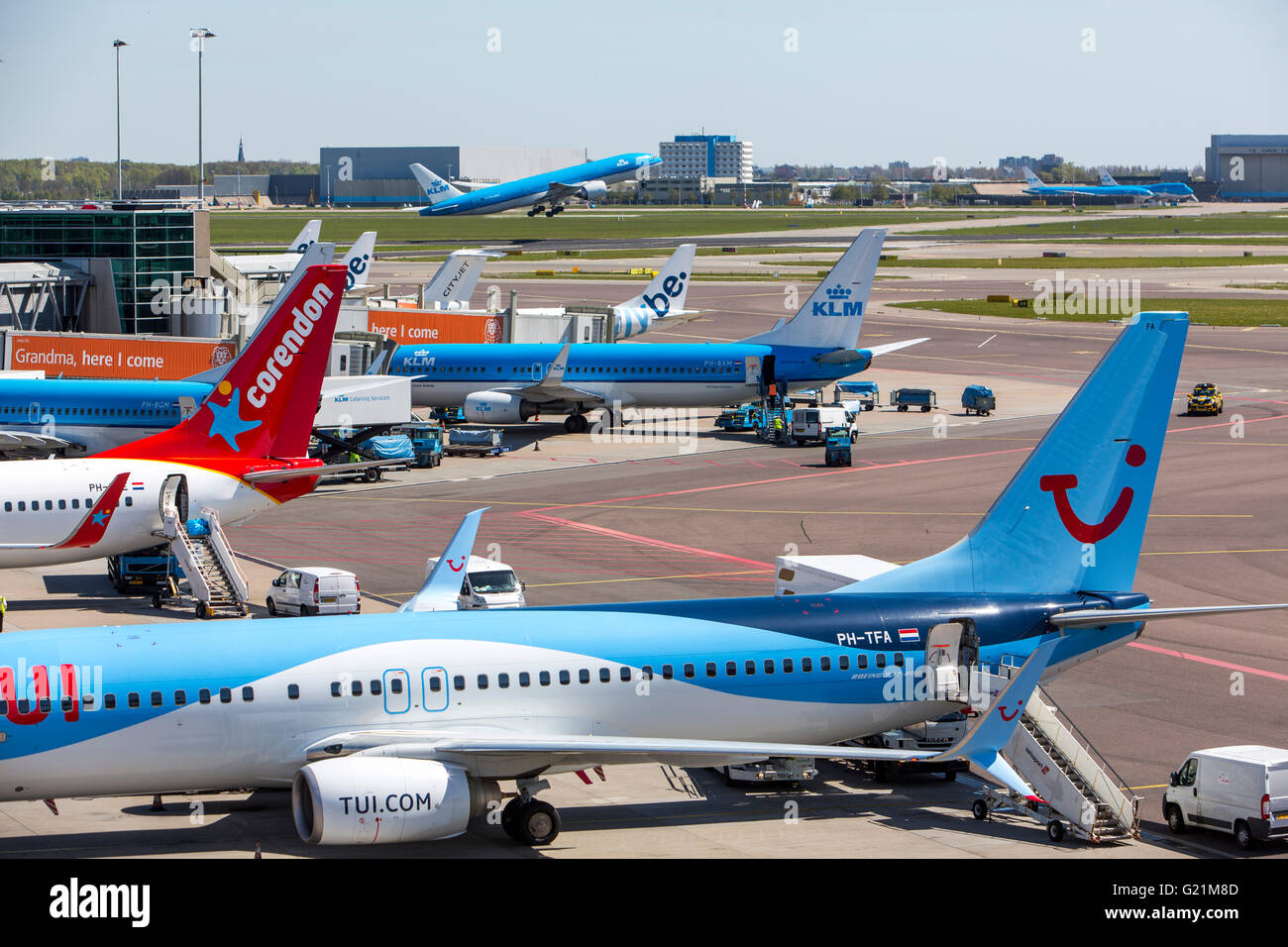 L'aéroport international d'Amsterdam Schiphol, avions, aux portes, aérogare, la voie de circulation, au décollage, internatinal airlines Banque D'Images