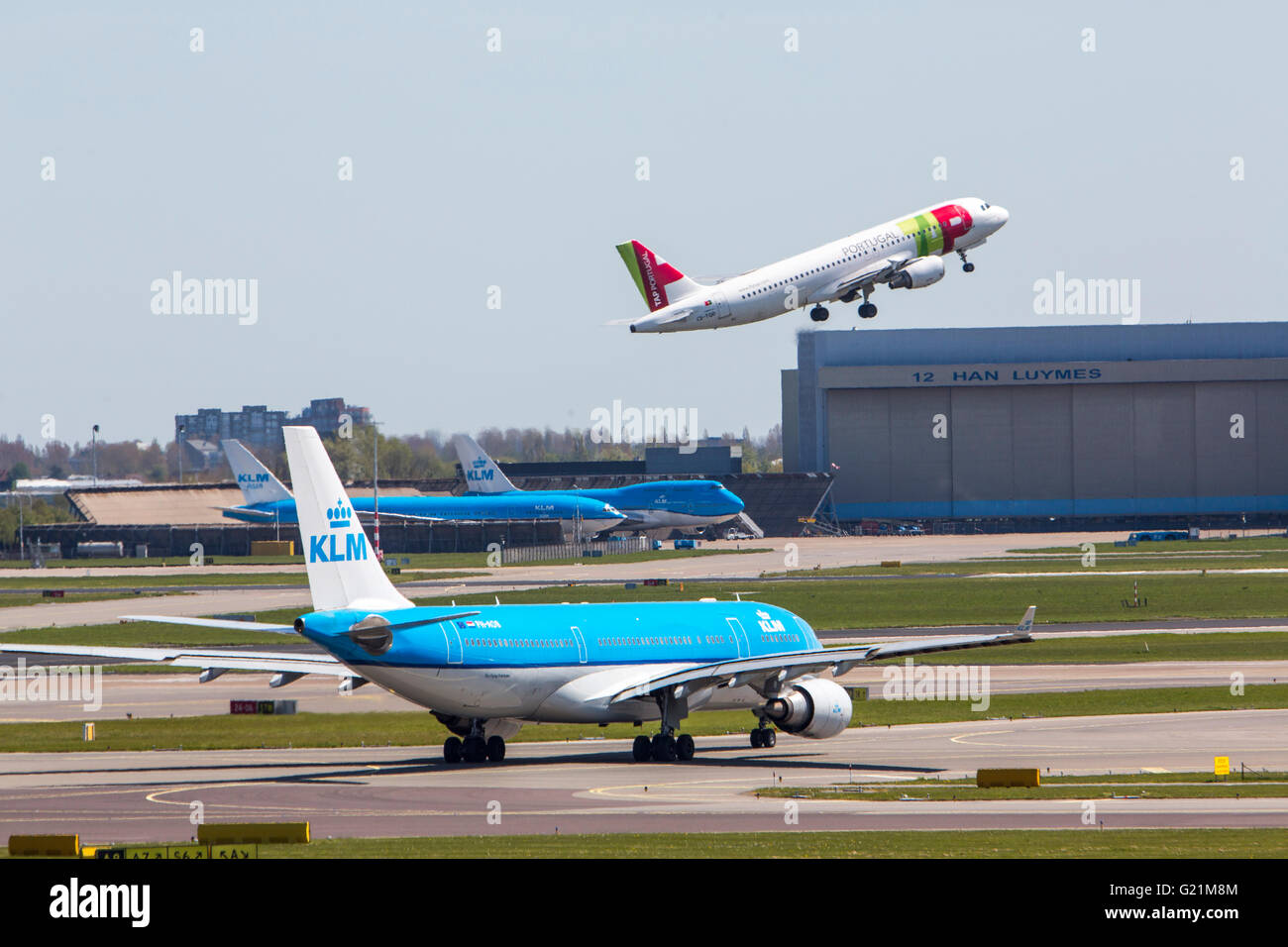 L'aéroport international d'Amsterdam Schiphol, avions, aux portes, aérogare, la voie de circulation, au décollage, internatinal airlines Banque D'Images