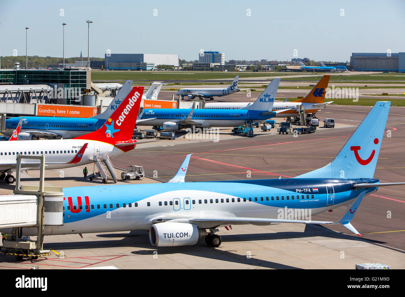 L'aéroport international d'Amsterdam Schiphol, avions, aux portes, aérogare, la voie de circulation, au décollage, internatinal airlines Banque D'Images