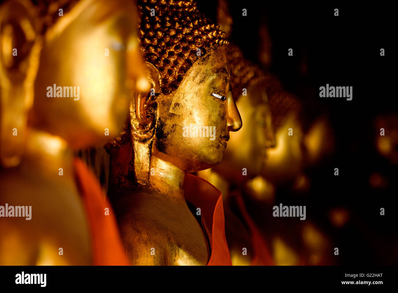 Rangée de statues de Bouddha dans un temple en Thailande Banque D'Images