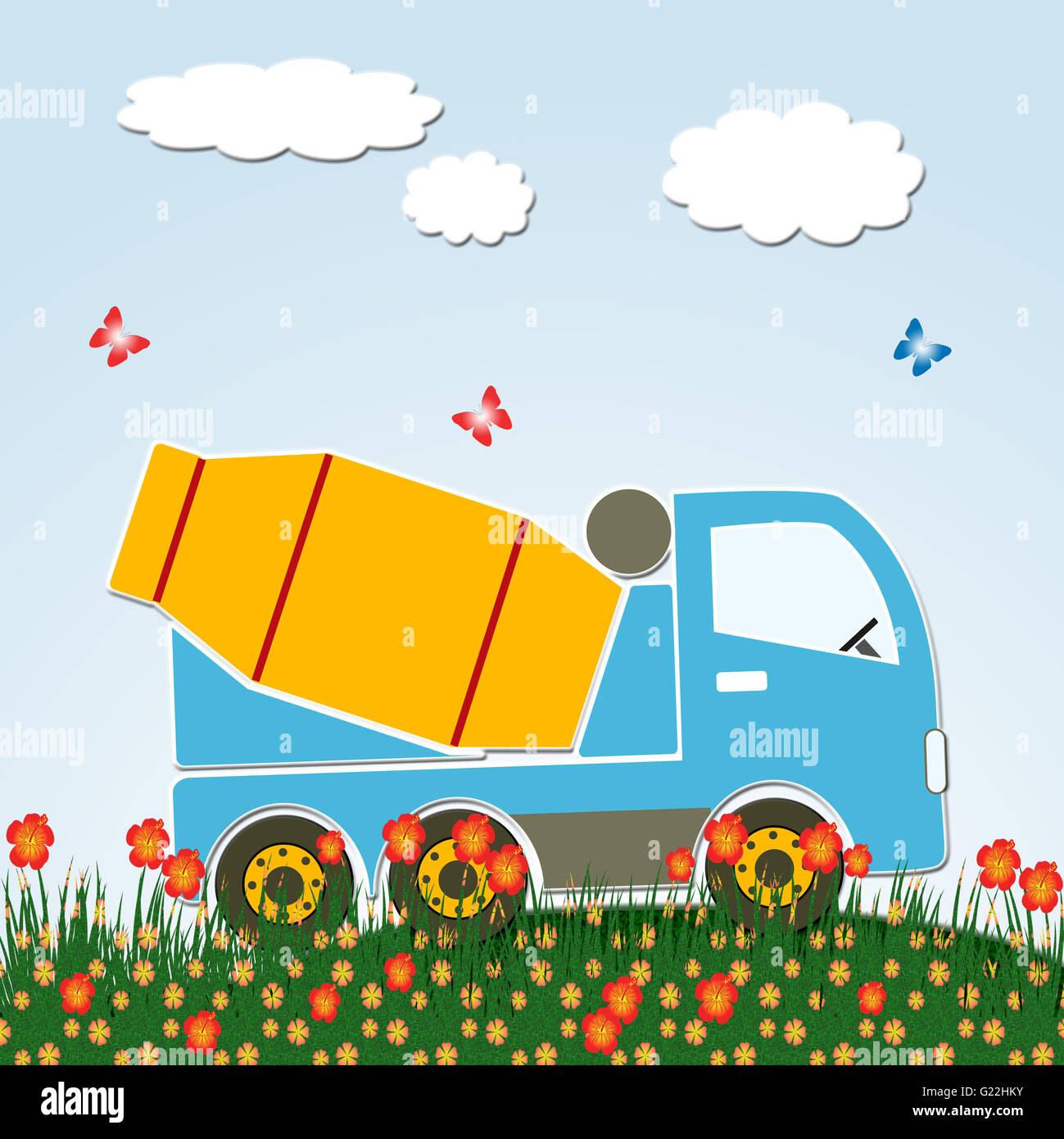 Camion malaxeur de ciment dans un champ de fleurs. Design graphique idéal pour décoration pépinière ou cadeaux pour les jeunes enfants. Banque D'Images