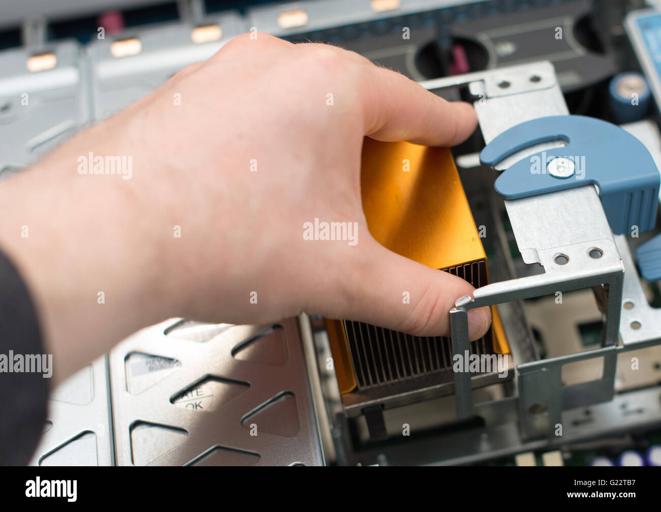 Technicien en informatique installation CPU dans la carte mère. Banque D'Images