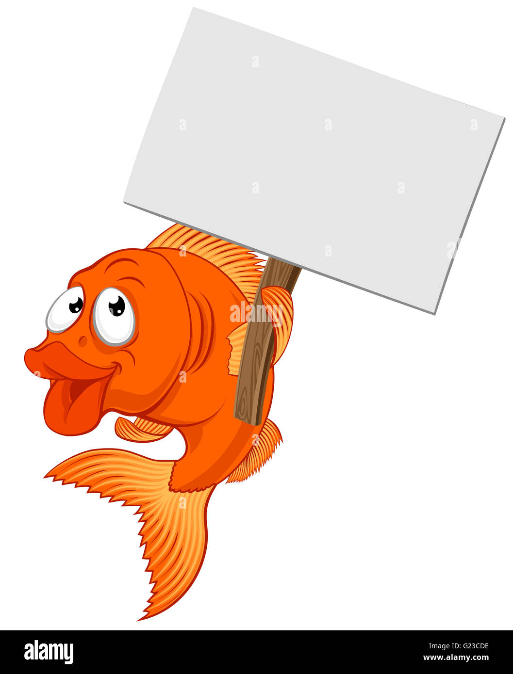 Un poisson rouge cartoon character holding a sign board Banque D'Images