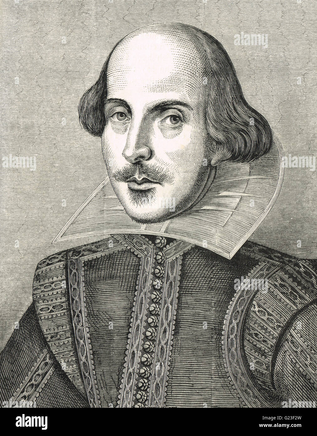 William Shakespeare, le Barde d'Avon, 1564-1616. Illustration gravée après le portrait par Martin Droeshout pour le premier folio publié en 1623. Banque D'Images