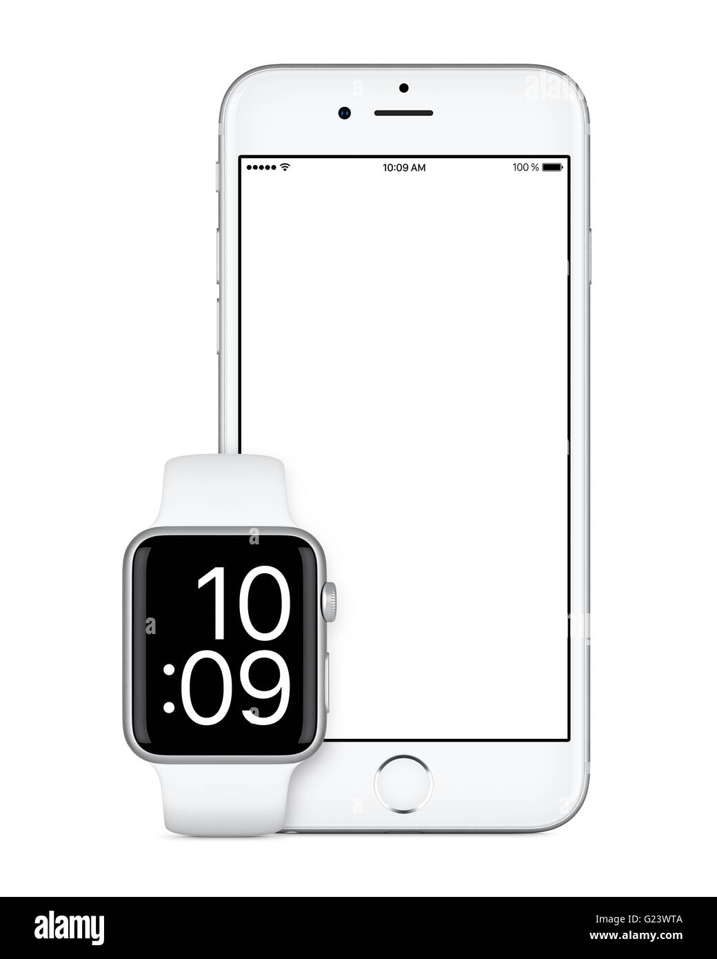 Varna, Bulgarie - 24 octobre 2015 : Vue de face d'argent Apple iPhone 6s avec un écran blanc et argent Sport Watch Apple immersive. Banque D'Images
