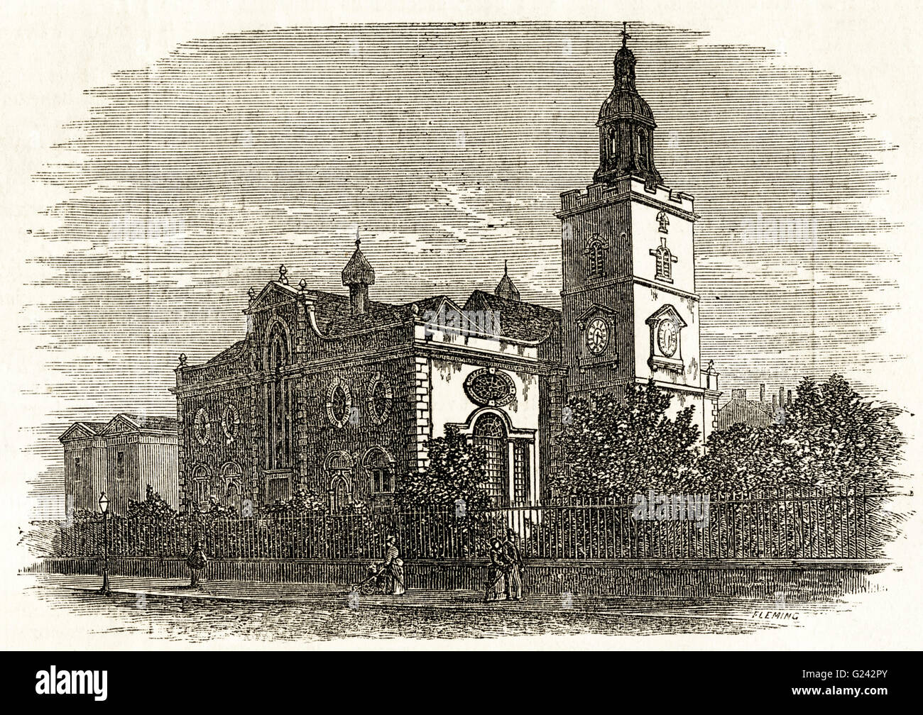 Vieille église de St Mary Matfelon à Whitechapel London démoli en 1870 et reconstruit. La gravure sur bois victorien du 1875 Banque D'Images